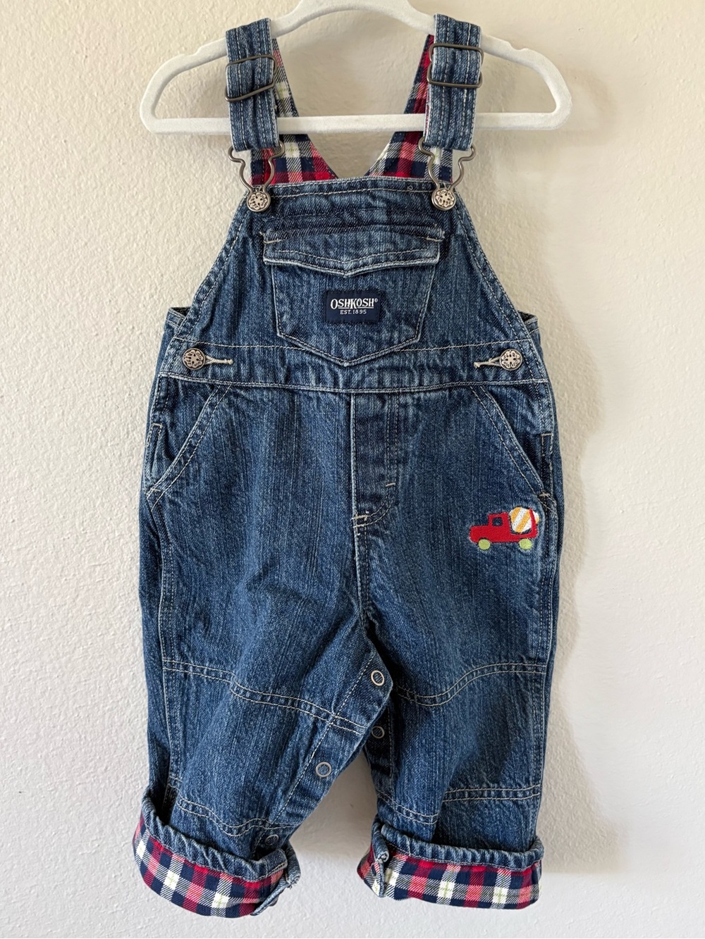 Vintage OshKosh B'gosh Flannel Detailed Denim Overalls Cement Truck | Size 12 mo